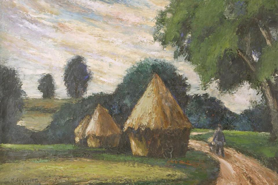 painting of haystacks along dirt road